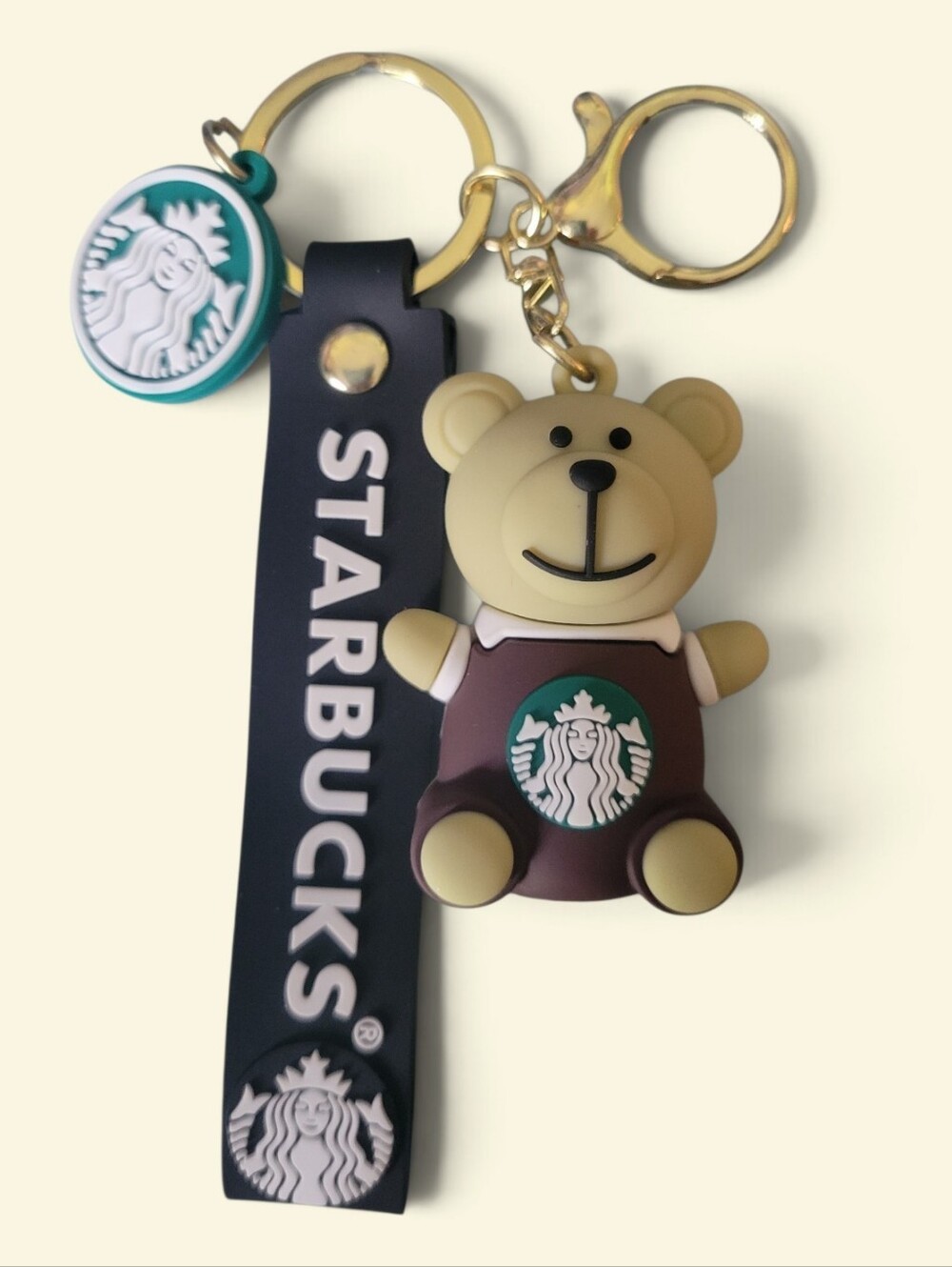 Starbucks Brown & Cream Bear Keychain with Black Strap and Green Logo